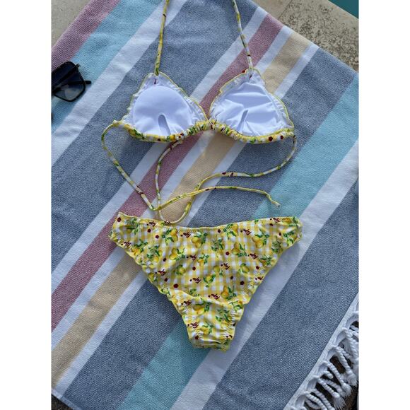 NWOT, Brand Unknown, Lemon & Cherry Gingham Bikini Set, Yellow, Sz S - Picture 8 of 11
